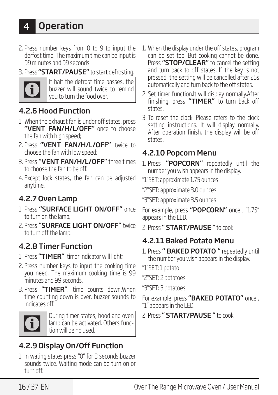 4operation | Blomberg 30 Inch Over-the-Range Microwave Oven Owners Manual User Manual | Page 16 / 40