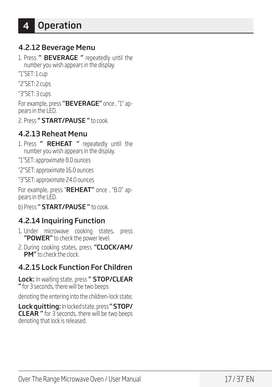 4operation, 17 / 37 en | Blomberg 30 Inch Over-the-Range Microwave Oven Owners Manual User Manual | Page 17 / 40