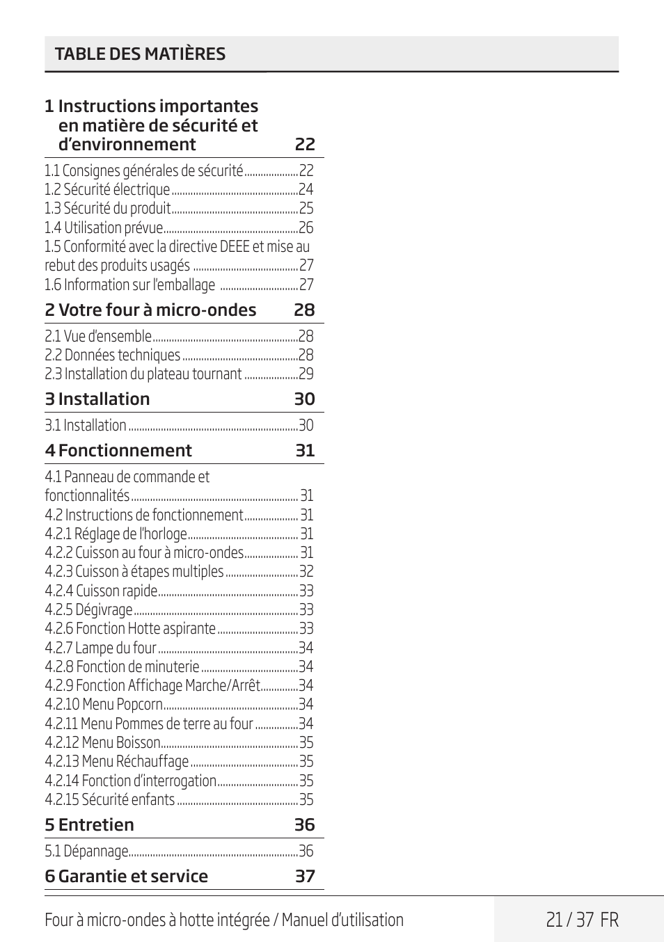 21 / 37 fr | Blomberg 30 Inch Over-the-Range Microwave Oven Owners Manual User Manual | Page 21 / 40