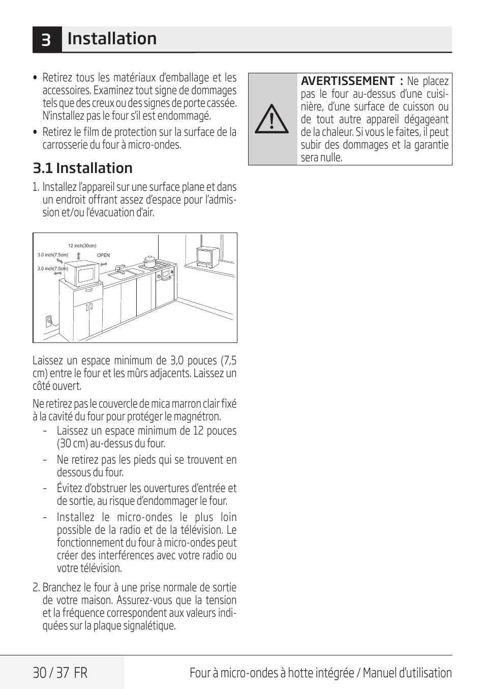 3installation, 30 / 37 fr, 1 installation | Blomberg 30 Inch Over-the-Range Microwave Oven Owners Manual User Manual | Page 30 / 40