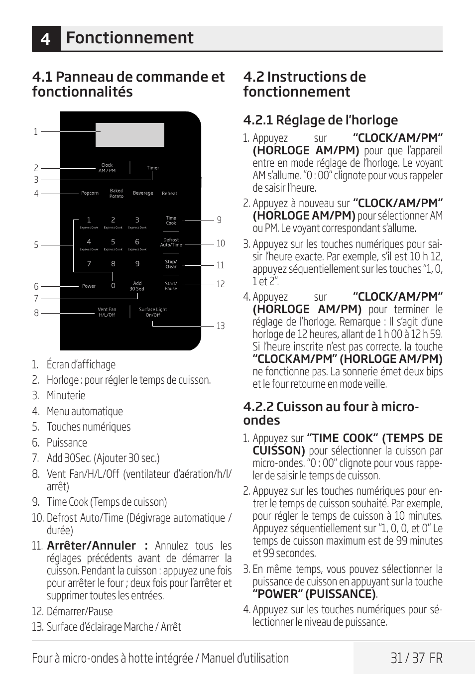 4fonctionnement, 31 / 37 fr, 1 panneau de commande et fonctionnalités | 2 instructions de fonctionnement | Blomberg 30 Inch Over-the-Range Microwave Oven Owners Manual User Manual | Page 31 / 40