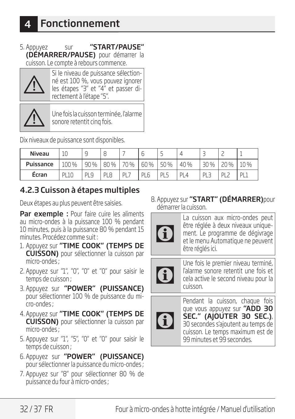 4fonctionnement, 32 / 37 fr | Blomberg 30 Inch Over-the-Range Microwave Oven Owners Manual User Manual | Page 32 / 40