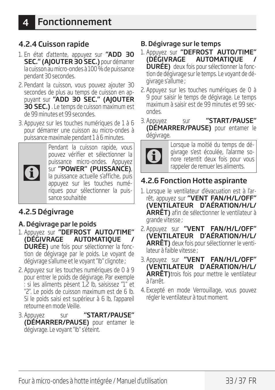 4fonctionnement, 33 / 37 fr | Blomberg 30 Inch Over-the-Range Microwave Oven Owners Manual User Manual | Page 33 / 40