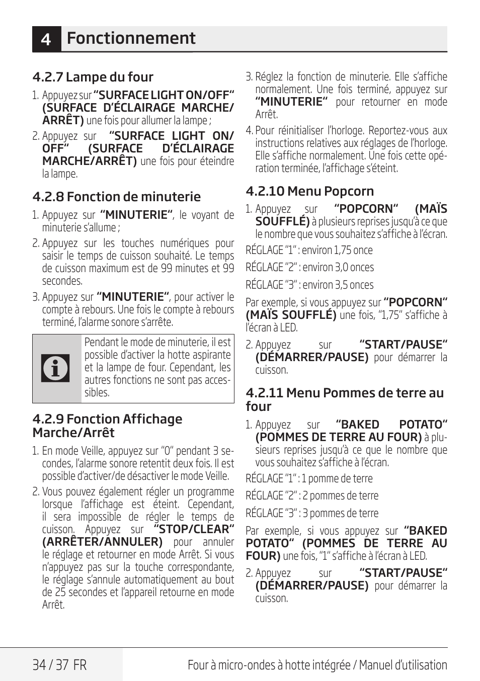 4fonctionnement, 34 / 37 fr | Blomberg 30 Inch Over-the-Range Microwave Oven Owners Manual User Manual | Page 34 / 40