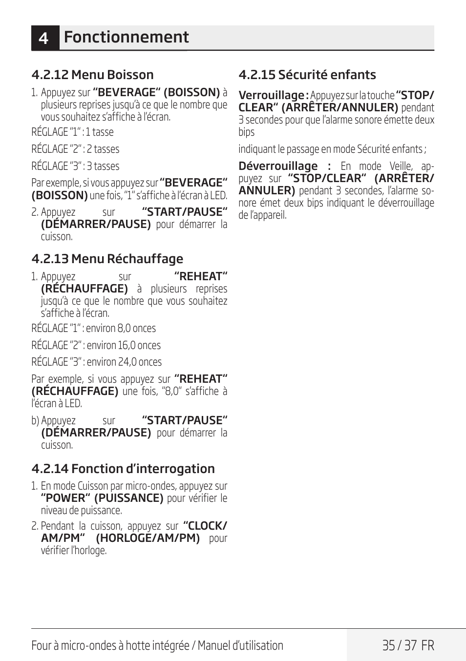 4fonctionnement, 35 / 37 fr | Blomberg 30 Inch Over-the-Range Microwave Oven Owners Manual User Manual | Page 35 / 40