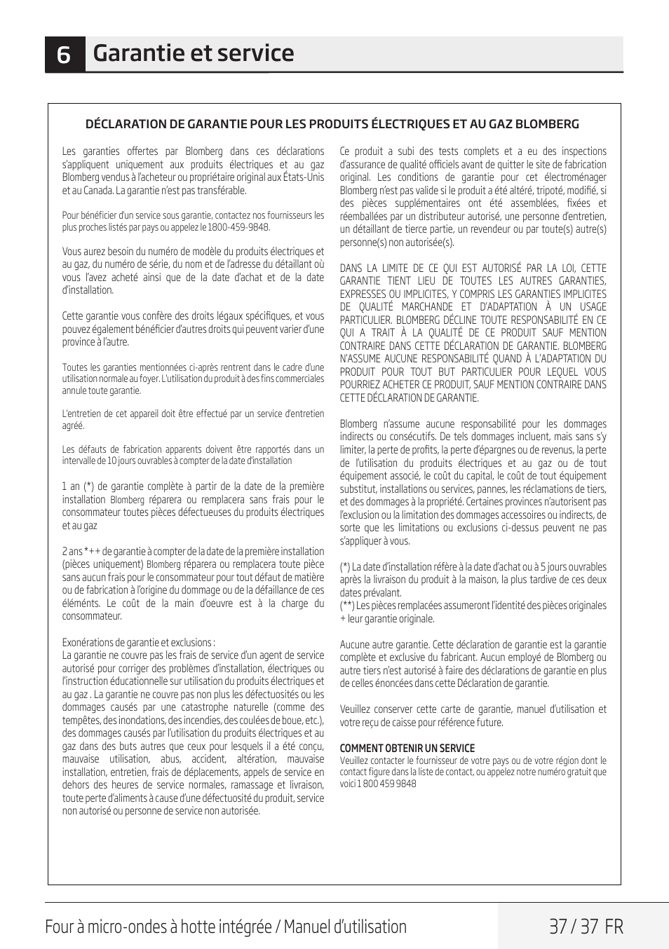 6garantie et service, 37 / 37 fr | Blomberg 30 Inch Over-the-Range Microwave Oven Owners Manual User Manual | Page 37 / 40