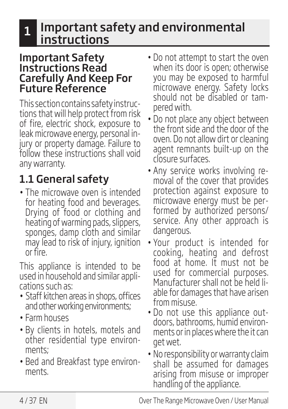 1important safety and environmental instructions | Blomberg 30 Inch Over-the-Range Microwave Oven Owners Manual User Manual | Page 4 / 40