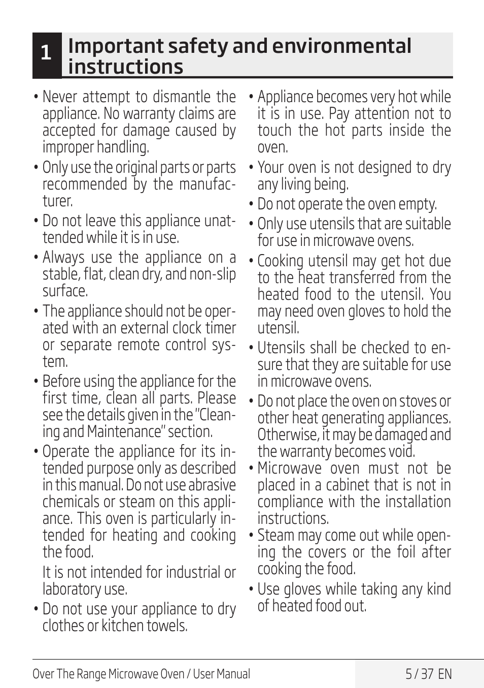 1important safety and environmental instructions | Blomberg 30 Inch Over-the-Range Microwave Oven Owners Manual User Manual | Page 5 / 40