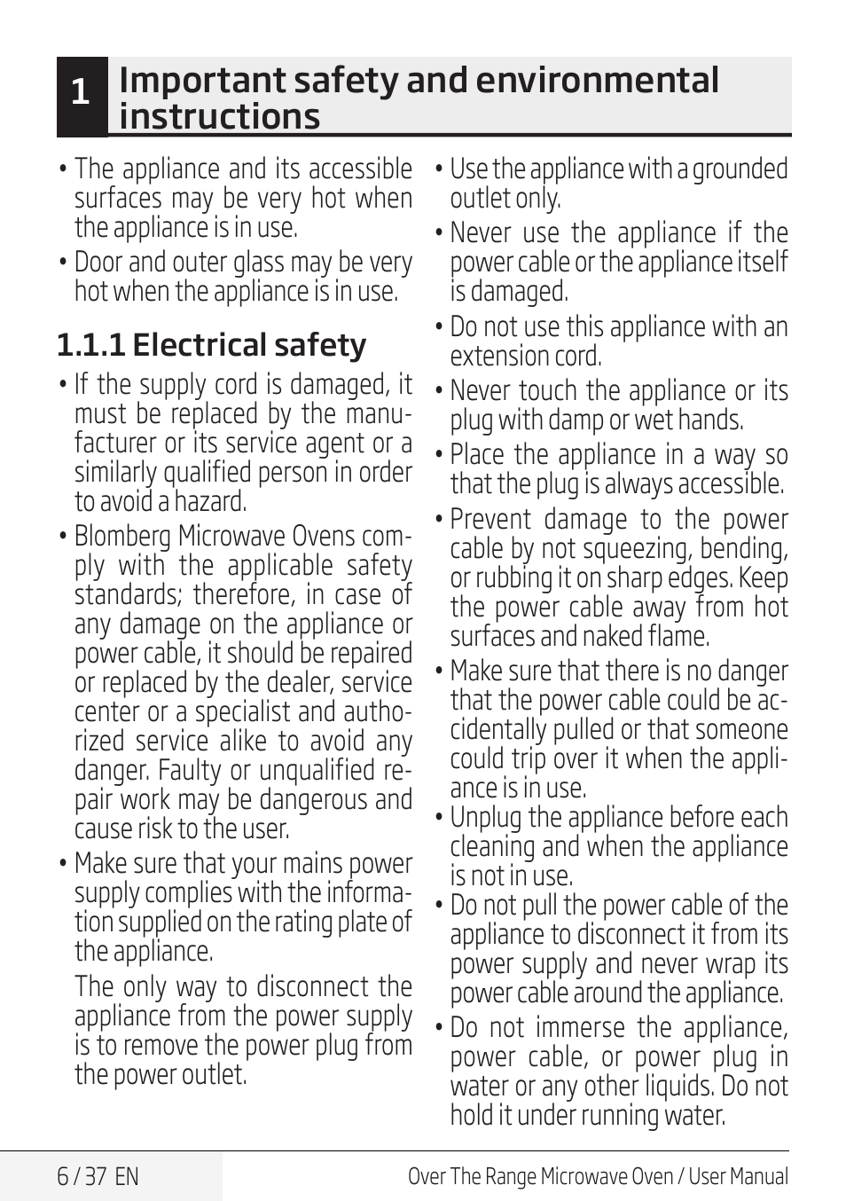 1important safety and environmental instructions | Blomberg 30 Inch Over-the-Range Microwave Oven Owners Manual User Manual | Page 6 / 40