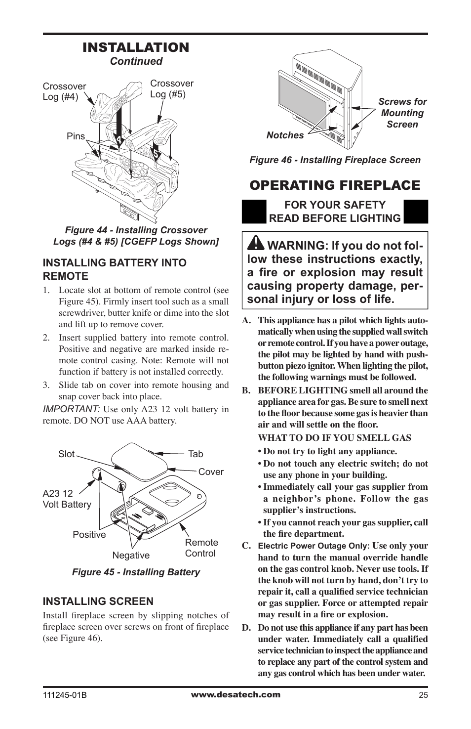 Operating fireplace, Installation | Desa CGEFP33PRB User Manual | Page 25 / 48