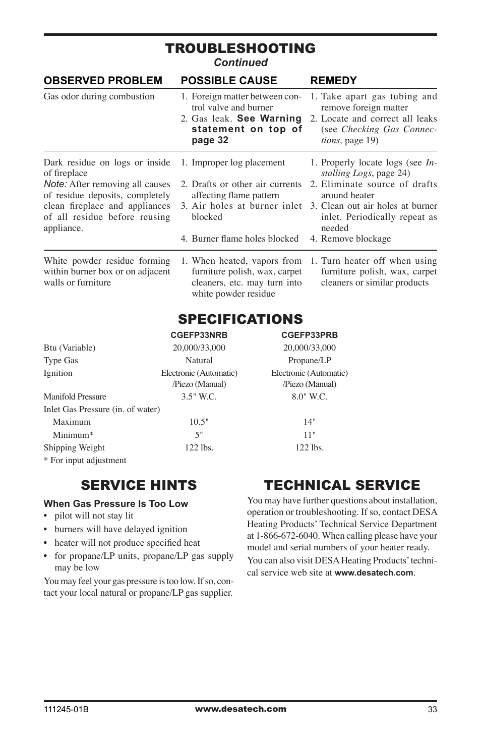 Specifications, Service hints, Technical service | Troubleshooting | Desa CGEFP33PRB User Manual | Page 33 / 48