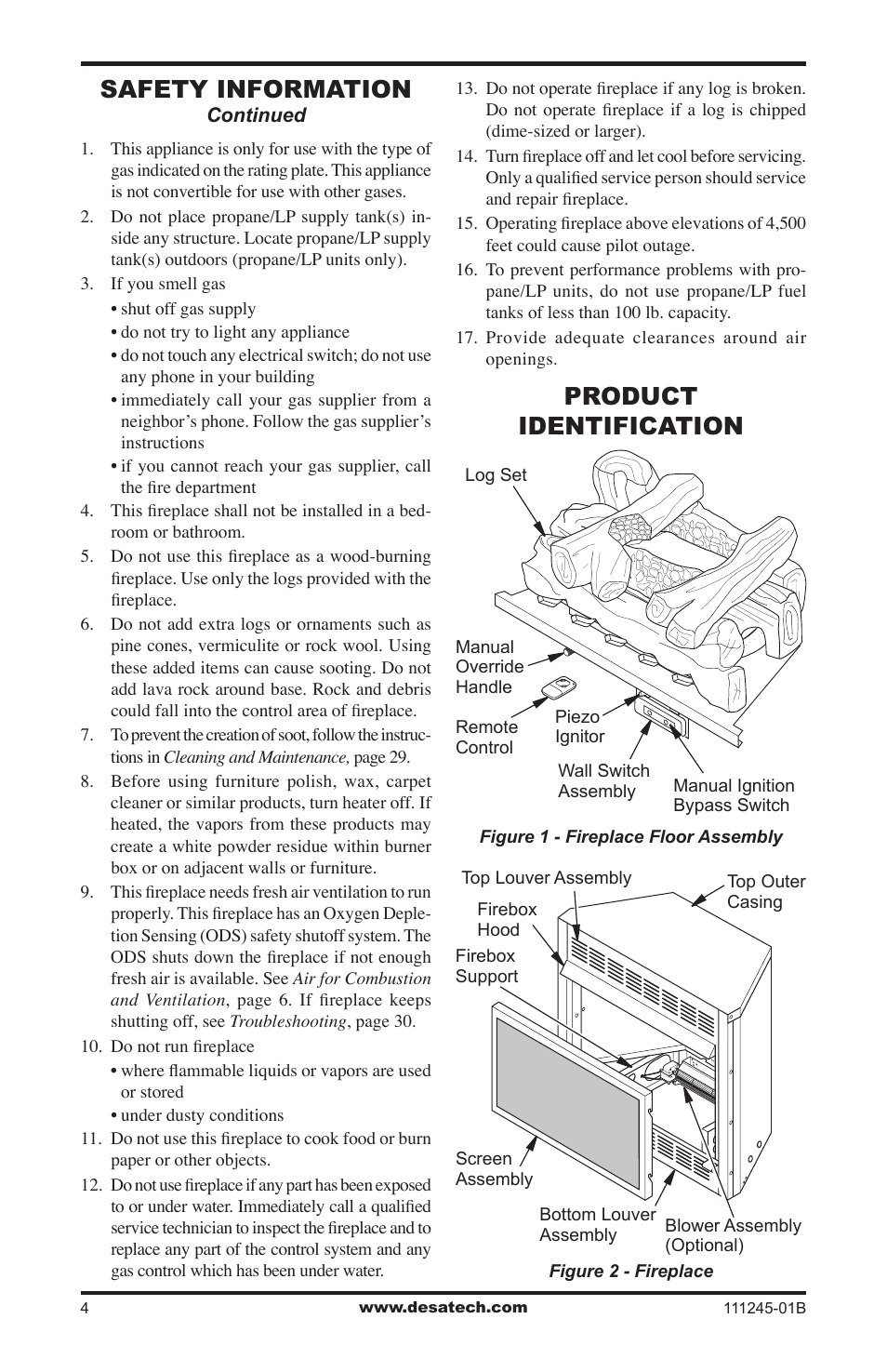 Product identification, Safety information | Desa CGEFP33PRB User Manual | Page 4 / 48