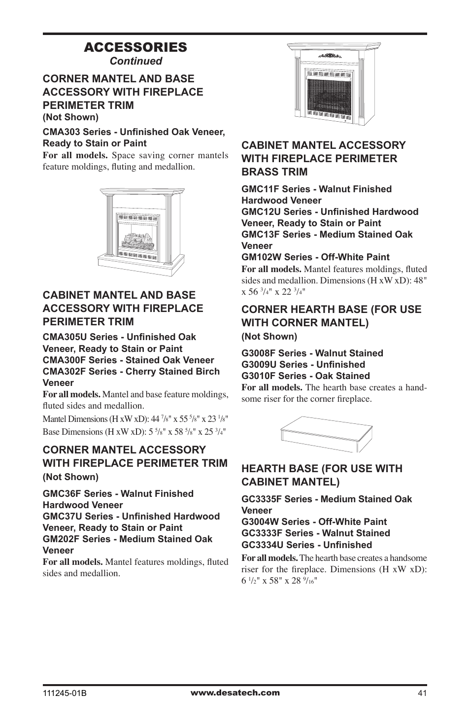 Accessories, Corner hearth base (for use with corner mantel), Hearth base (for use with cabinet mantel) | Desa CGEFP33PRB User Manual | Page 41 / 48