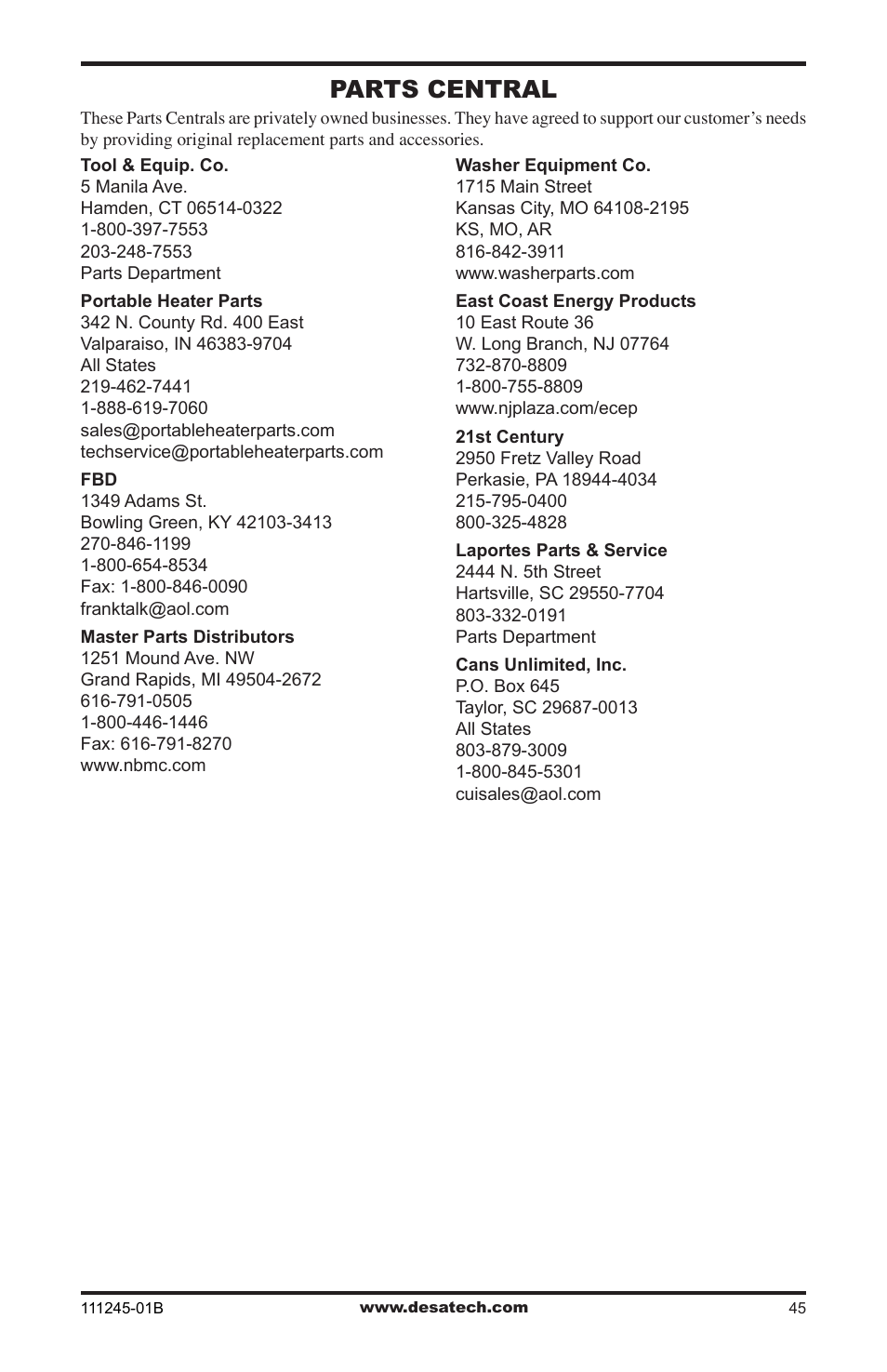 Parts central | Desa CGEFP33PRB User Manual | Page 45 / 48