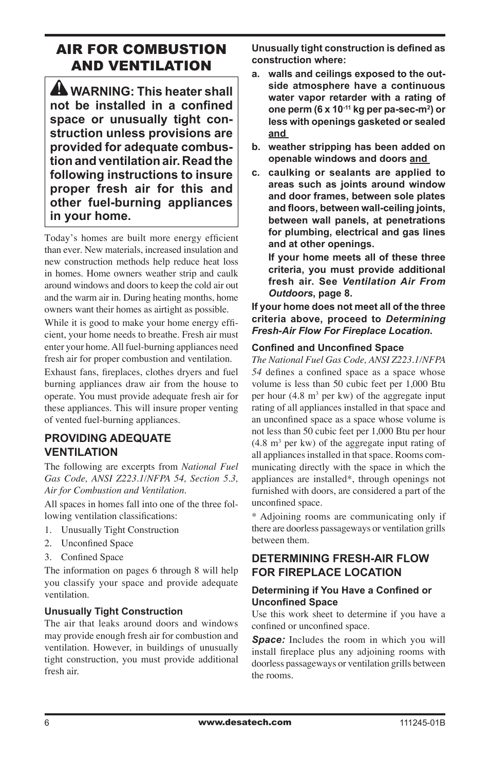 Air for combustion and ventilation | Desa CGEFP33PRB User Manual | Page 6 / 48