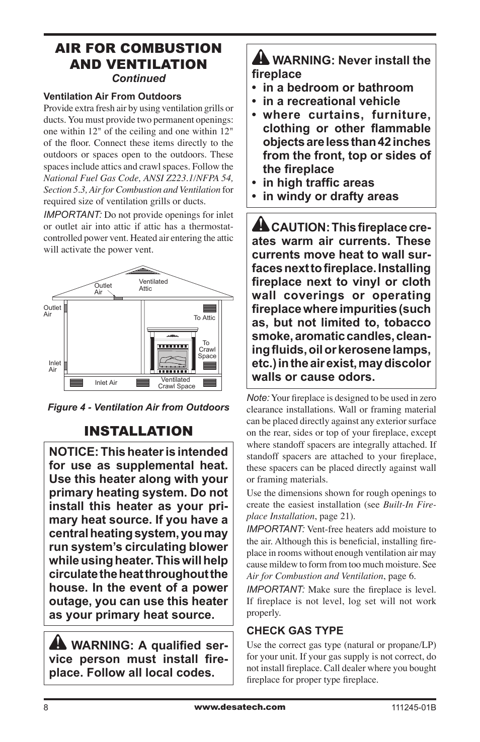 Installation, Air for combustion and ventilation | Desa CGEFP33PRB User Manual | Page 8 / 48