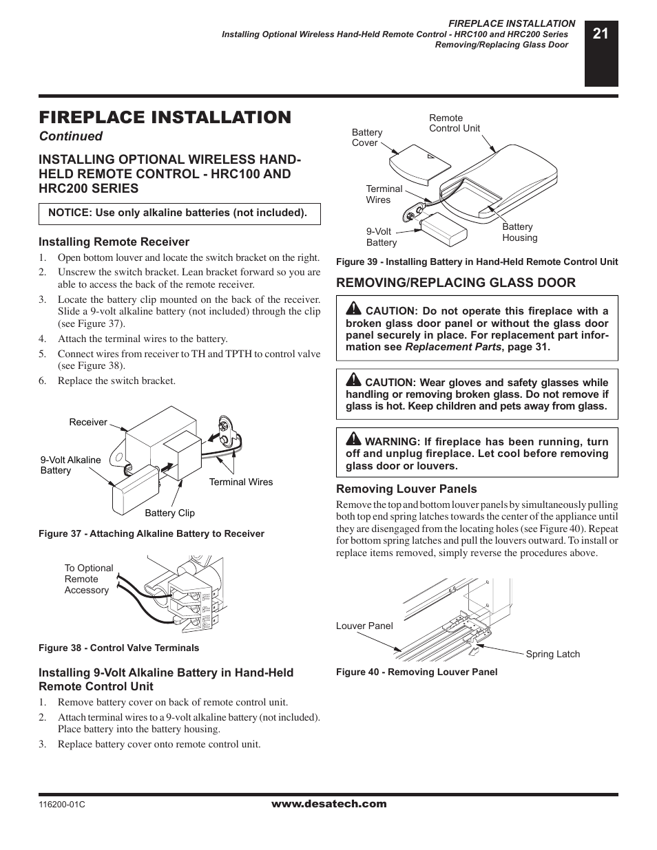 Fireplace installation | Desa CGCDV36NR User Manual | Page 21 / 40