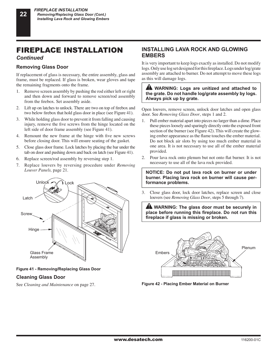 Fireplace installation | Desa CGCDV36NR User Manual | Page 22 / 40