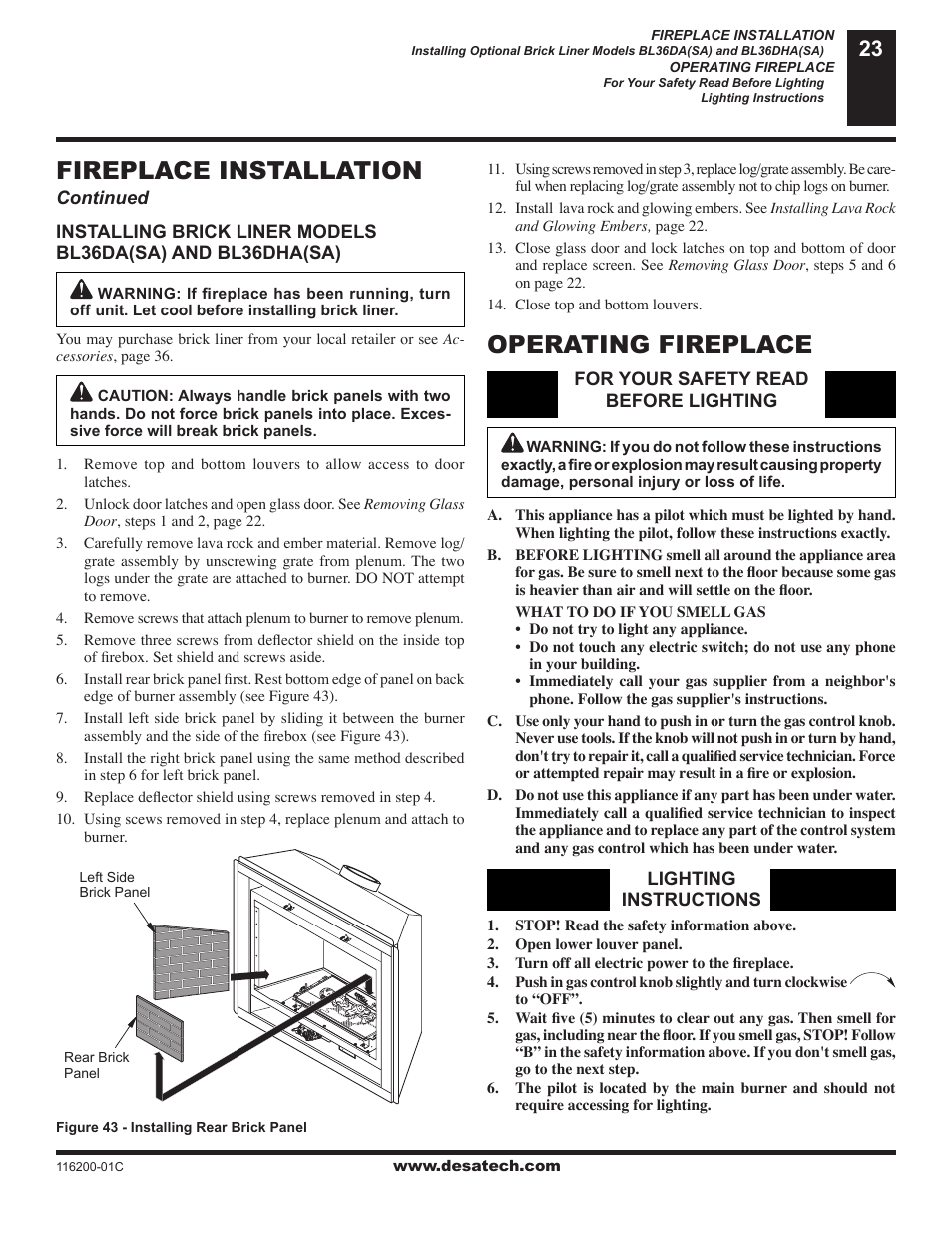 Operating fireplace, Fireplace installation | Desa CGCDV36NR User Manual | Page 23 / 40