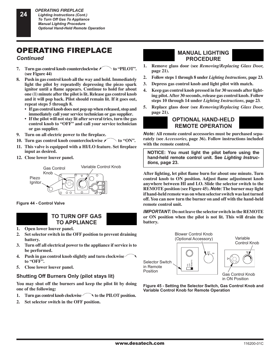 Operating fireplace, Continued, Manual lighting procedure | Optional hand-held remote operation, Shutting off burners only (pilot stays lit) | Desa CGCDV36NR User Manual | Page 24 / 40