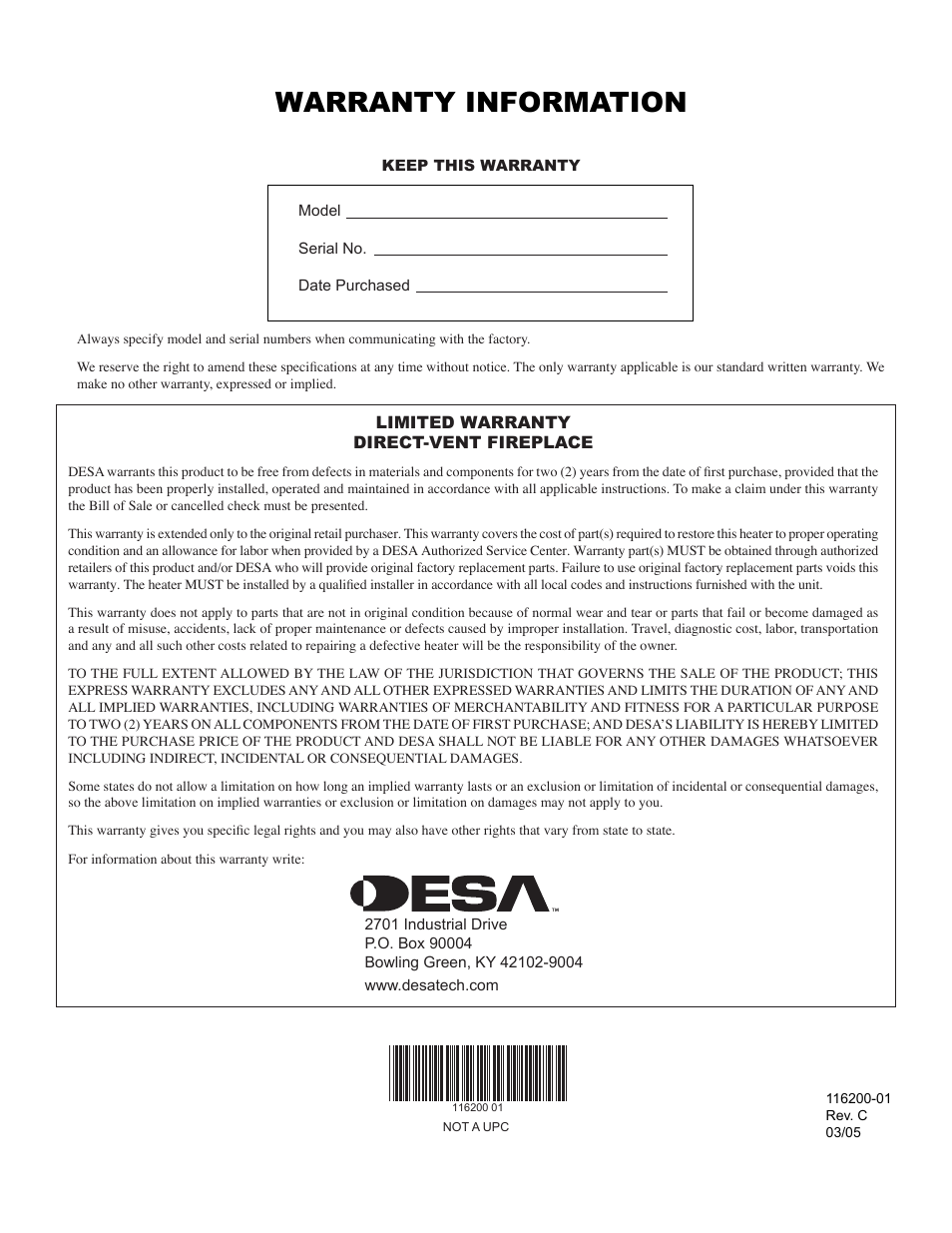 Warranty information | Desa CGCDV36NR User Manual | Page 40 / 40