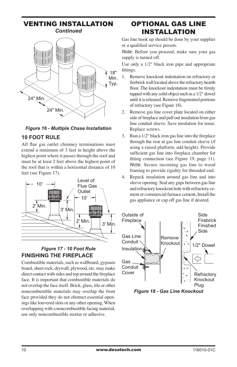 Optional gas line installation, Venting installation | Desa (V)G36 User Manual | Page 10 / 16