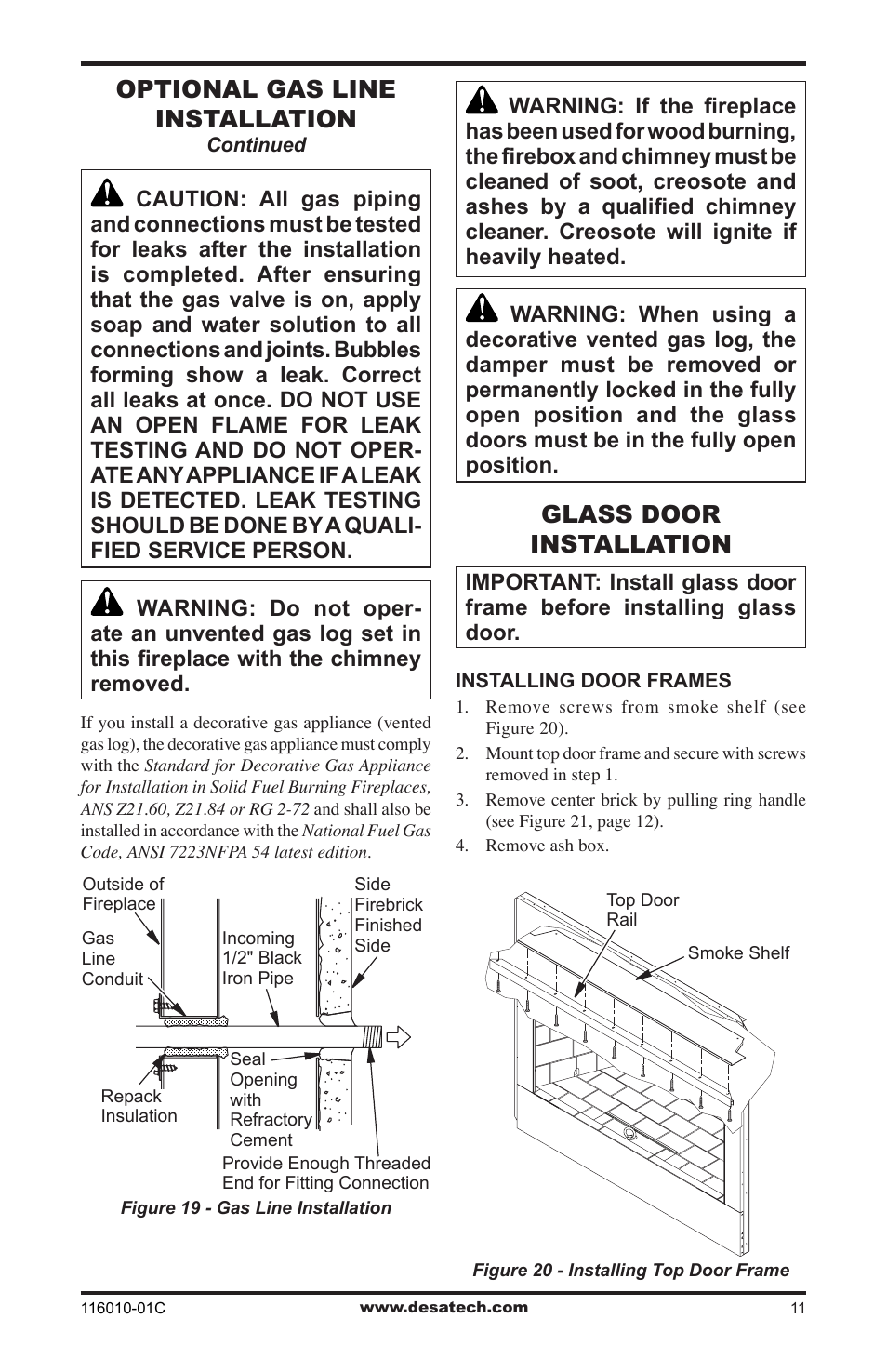 Glass door installation, Optional gas line installation | Desa (V)G36 User Manual | Page 11 / 16