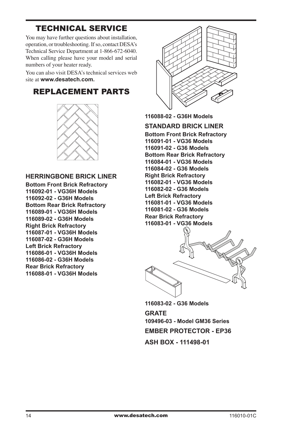 Technical service, Replacement parts | Desa (V)G36 User Manual | Page 14 / 16