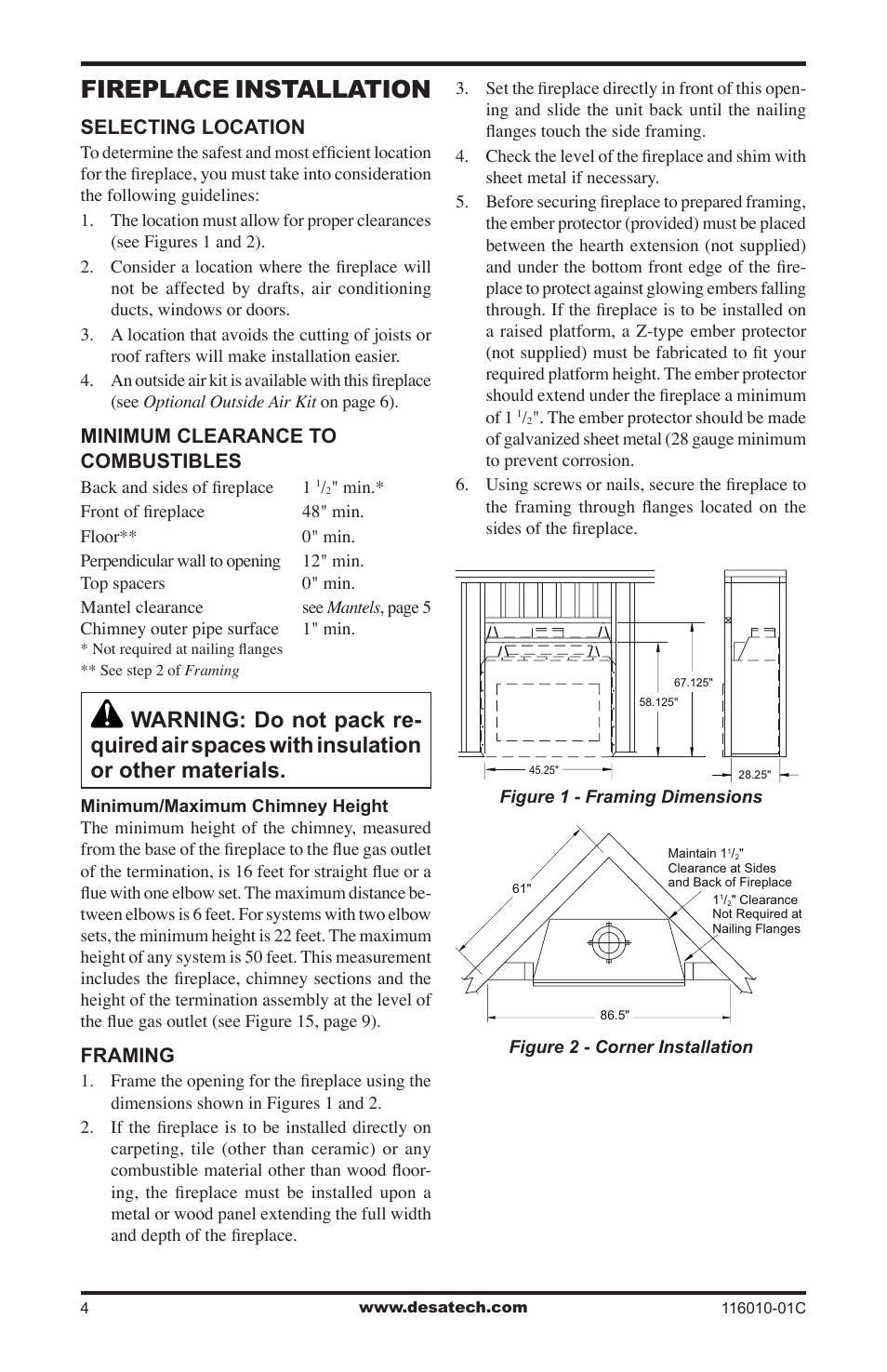 Fireplace installation, Selecting location, Minimum clearance to combustibles | Framing | Desa (V)G36 User Manual | Page 4 / 16