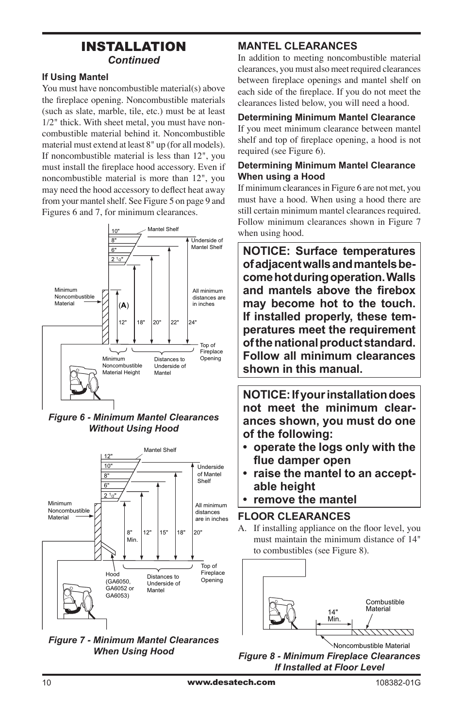 Installation, Mantel clearances, Floor clearances | Continued | Desa VYM27NR User Manual | Page 10 / 28