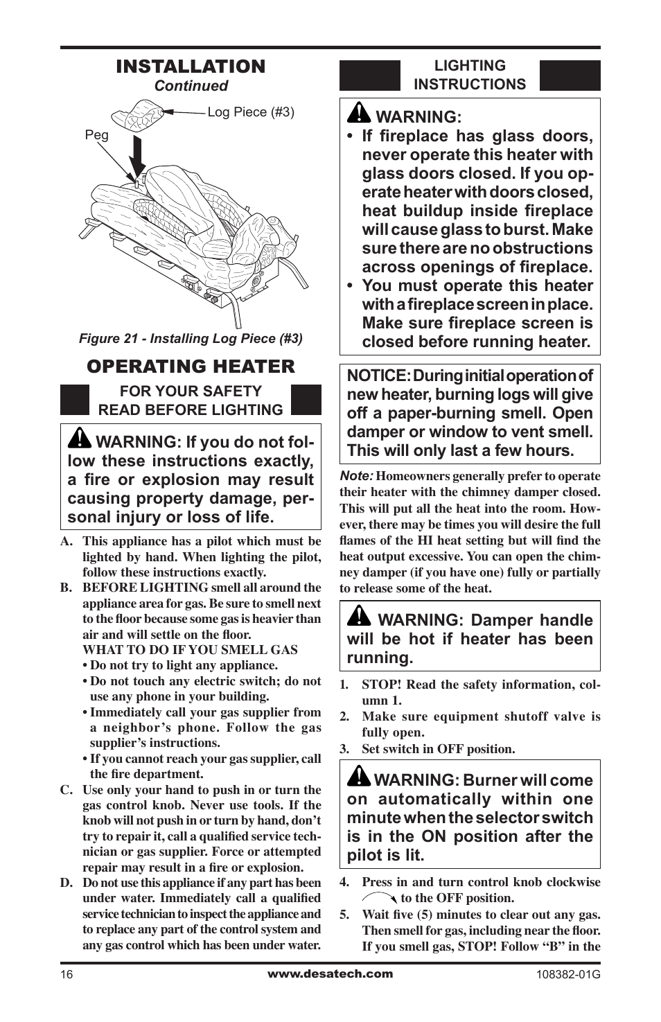 Operating heater, Installation | Desa VYM27NR User Manual | Page 16 / 28