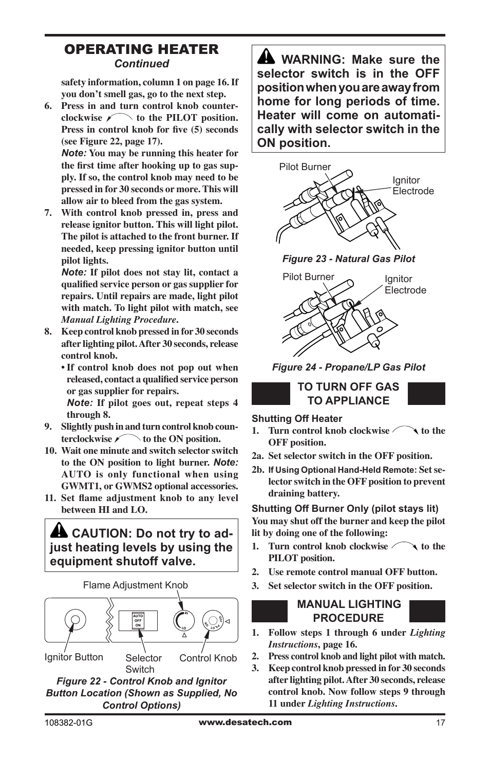 Operating heater, Continued, Manual lighting procedure | Desa VYM27NR User Manual | Page 17 / 28
