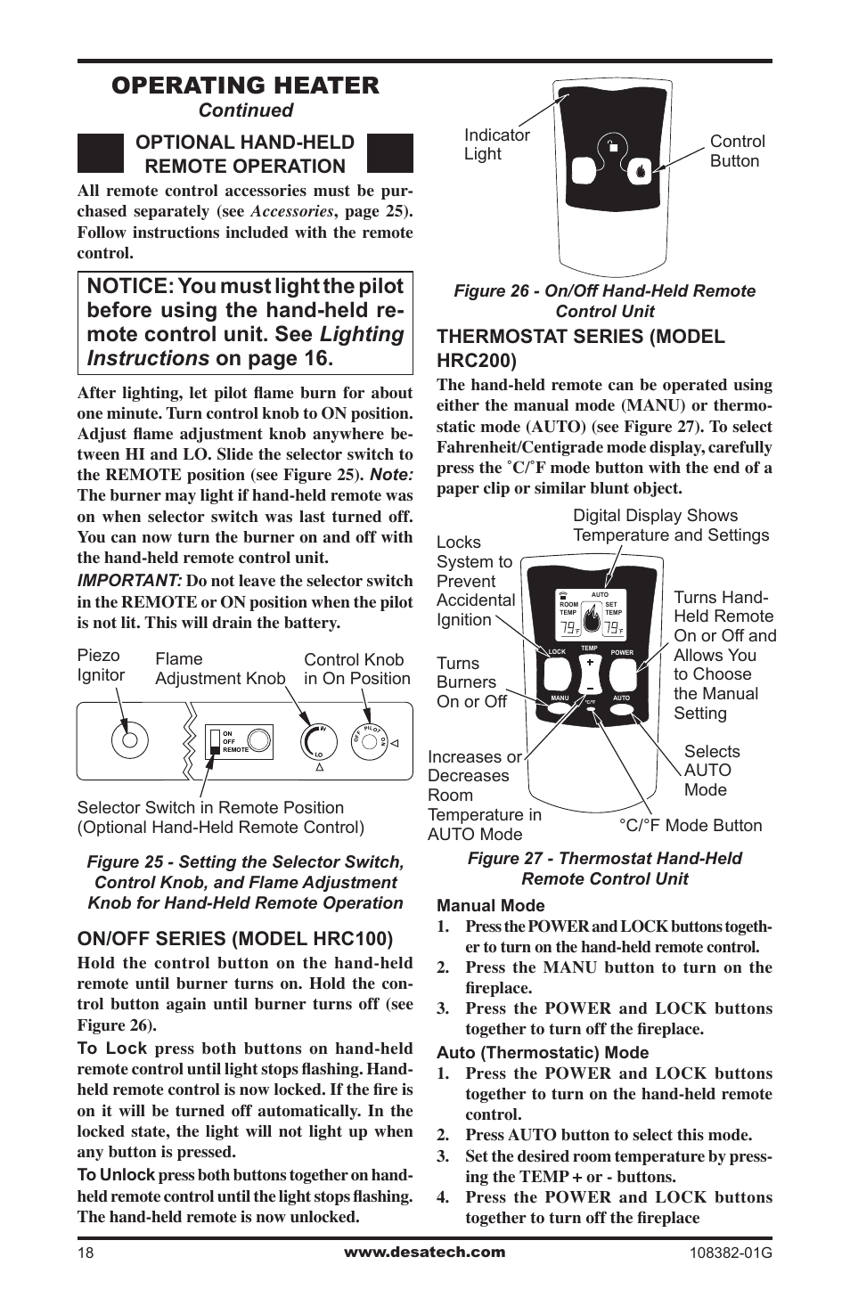 Operating heater, On/off series (model hrc100), Continued | Thermostat series (model hrc200), Optional hand-held remote operation | Desa VYM27NR User Manual | Page 18 / 28