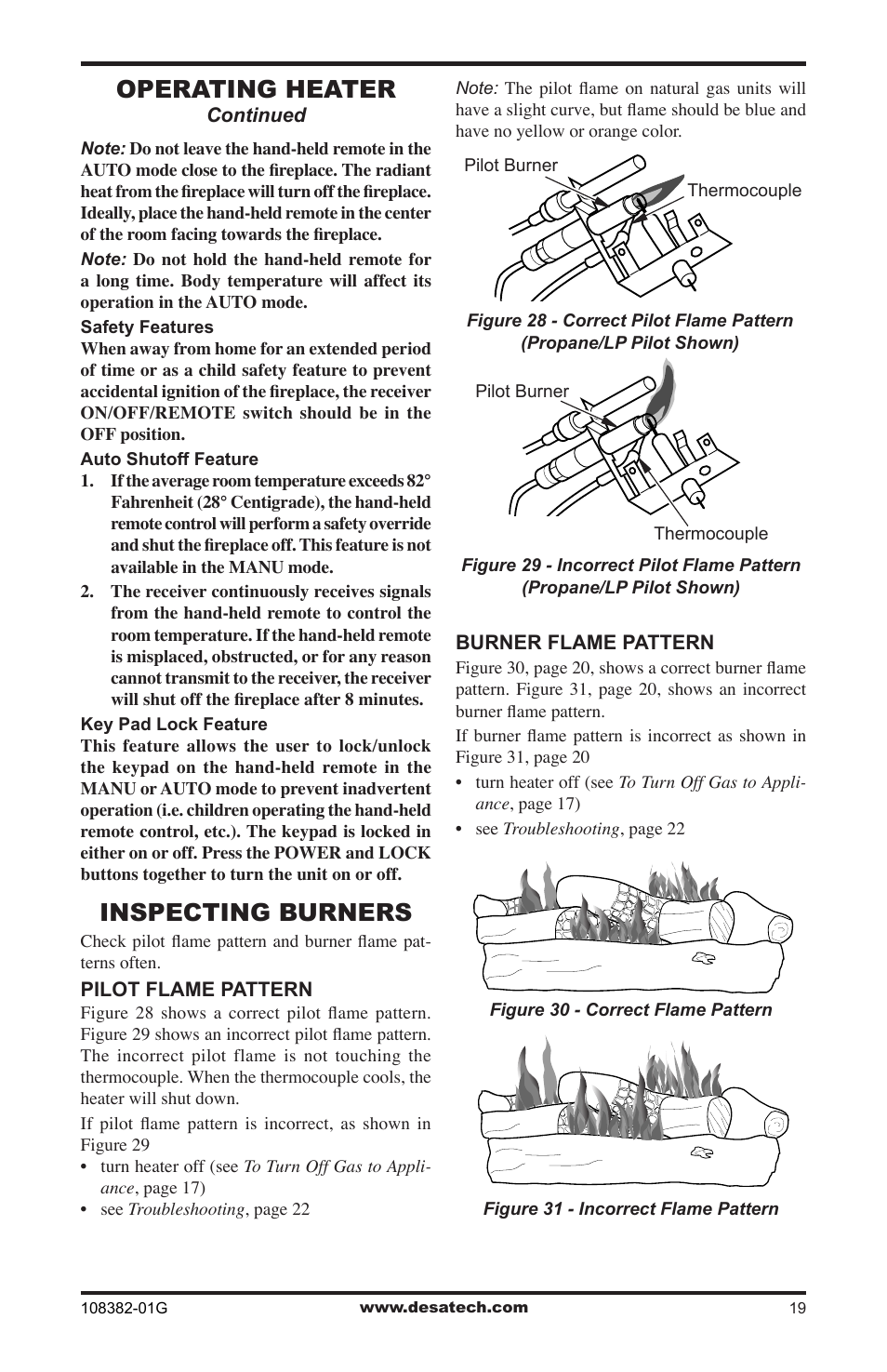 Inspecting burners, Operating heater | Desa VYM27NR User Manual | Page 19 / 28