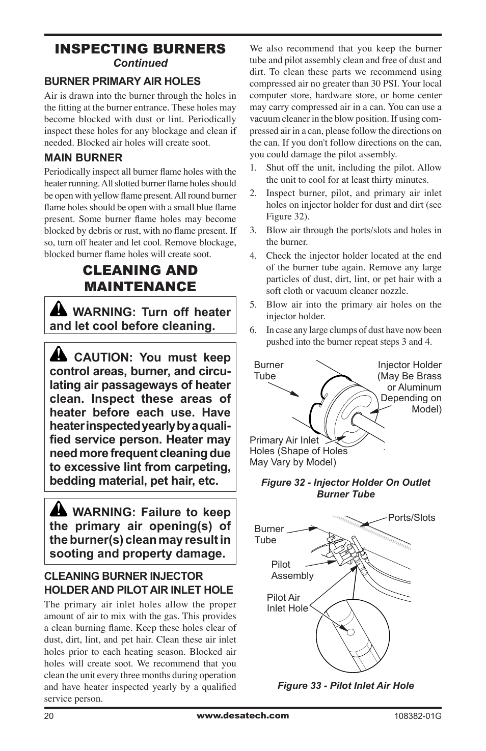 Cleaning and maintenance, Inspecting burners | Desa VYM27NR User Manual | Page 20 / 28