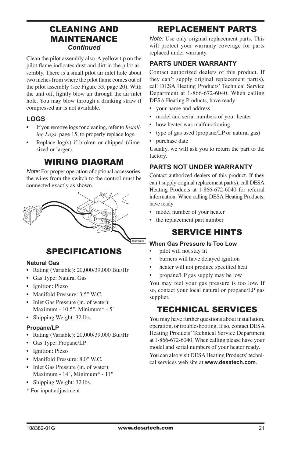 Wiring diagram, Specifications, Replacement parts | Service hints, Technical services, Cleaning and maintenance | Desa VYM27NR User Manual | Page 21 / 28
