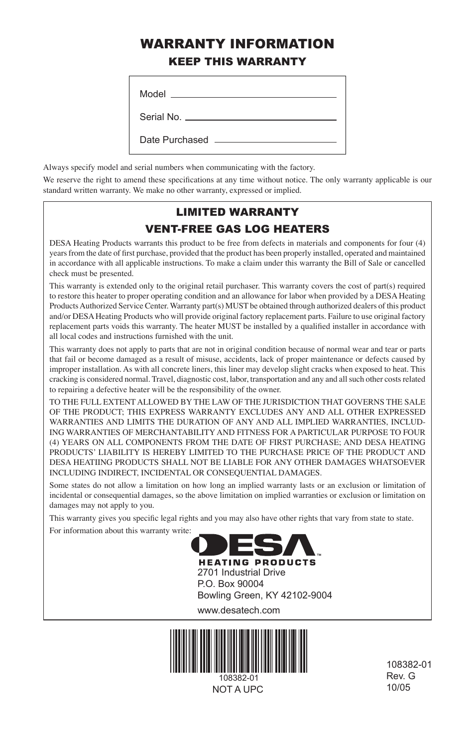 Warranty information, Keep this warranty, Limited warranty vent-free gas log heaters | Desa VYM27NR User Manual | Page 28 / 28