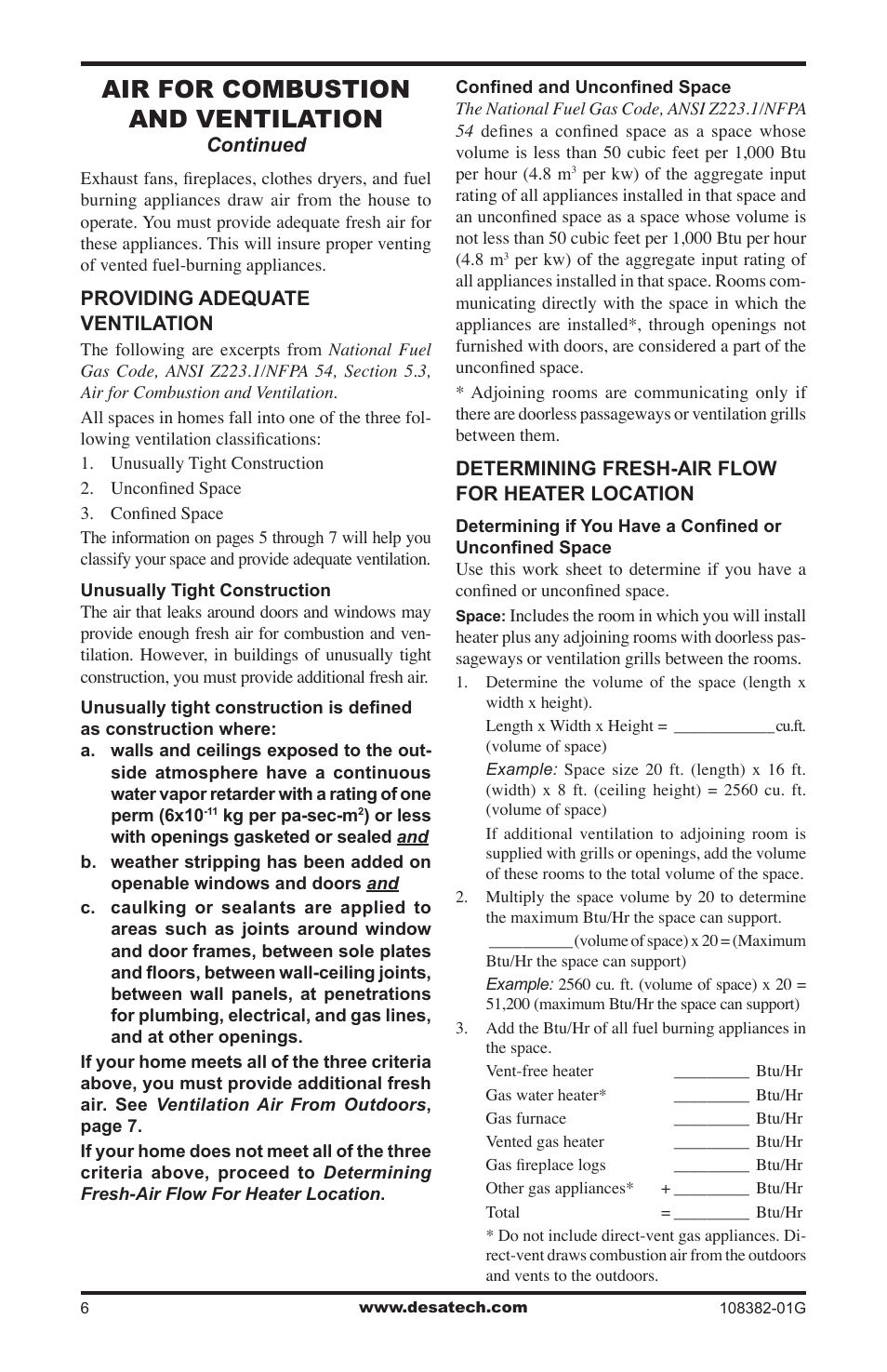 Air for combustion and ventilation | Desa VYM27NR User Manual | Page 6 / 28