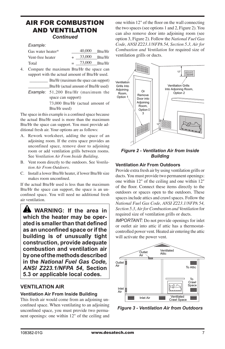 Air for combustion and ventilation, Continued, Ventilation air | Desa VYM27NR User Manual | Page 7 / 28