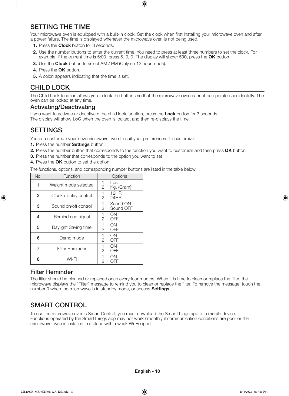 Setting the time, Child lock, Settings | Smart control, Activating/deactivating, Filter reminder | Samsung BESPOKE 1.9 cu. ft. Over-the-Range Smart Microwave Oven Owners Guide User Manual | Page 10 / 96