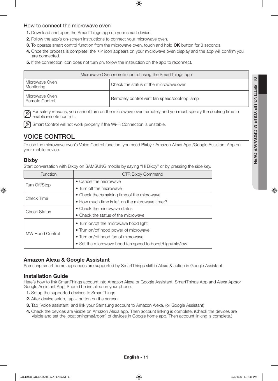 Voice control, How to connect the microwave oven, Bixby | Amazon alexa & google assistant, Installation guide | Samsung BESPOKE 1.9 cu. ft. Over-the-Range Smart Microwave Oven Owners Guide User Manual | Page 11 / 96