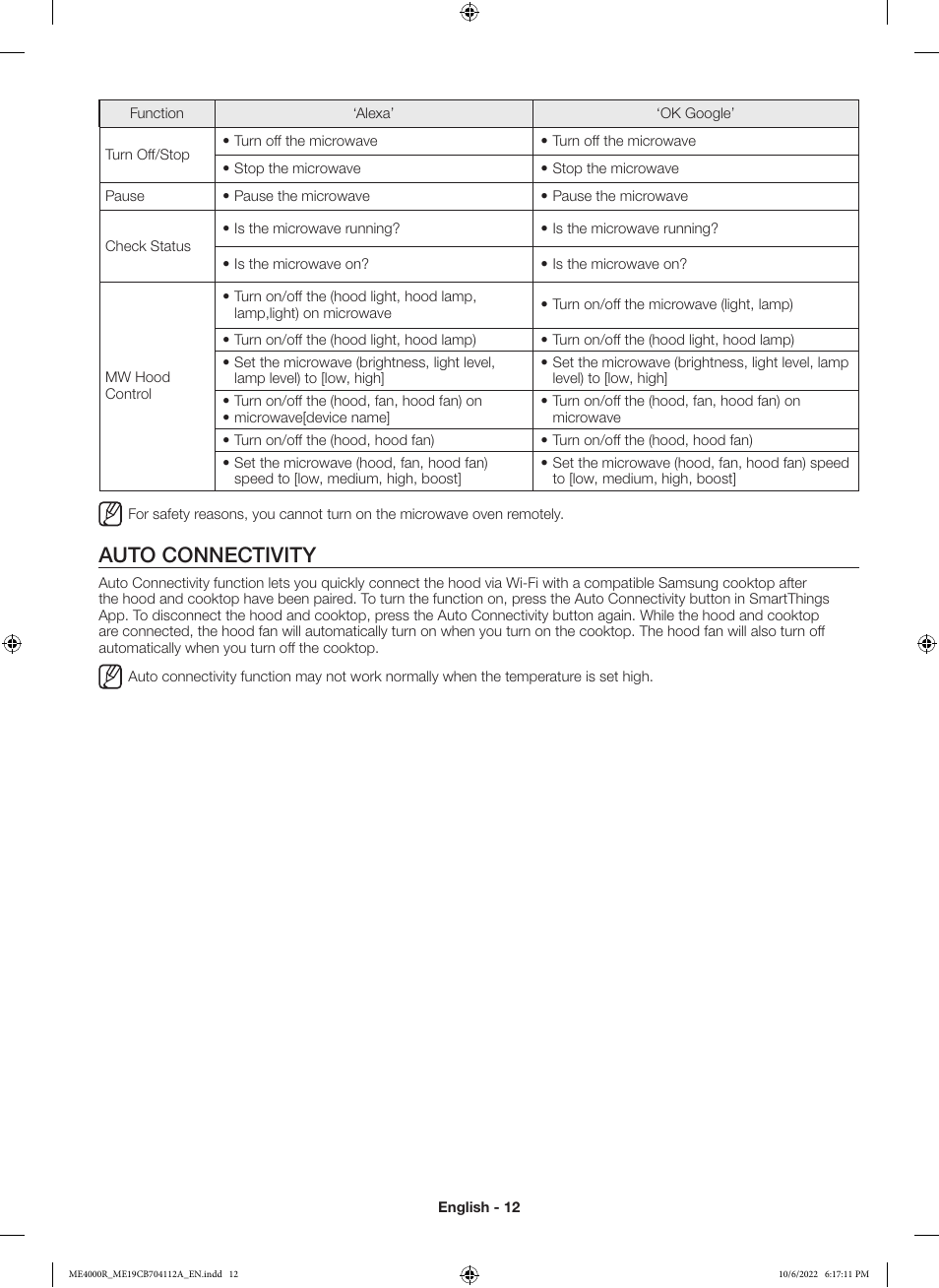 Auto connectivity | Samsung BESPOKE 1.9 cu. ft. Over-the-Range Smart Microwave Oven Owners Guide User Manual | Page 12 / 96