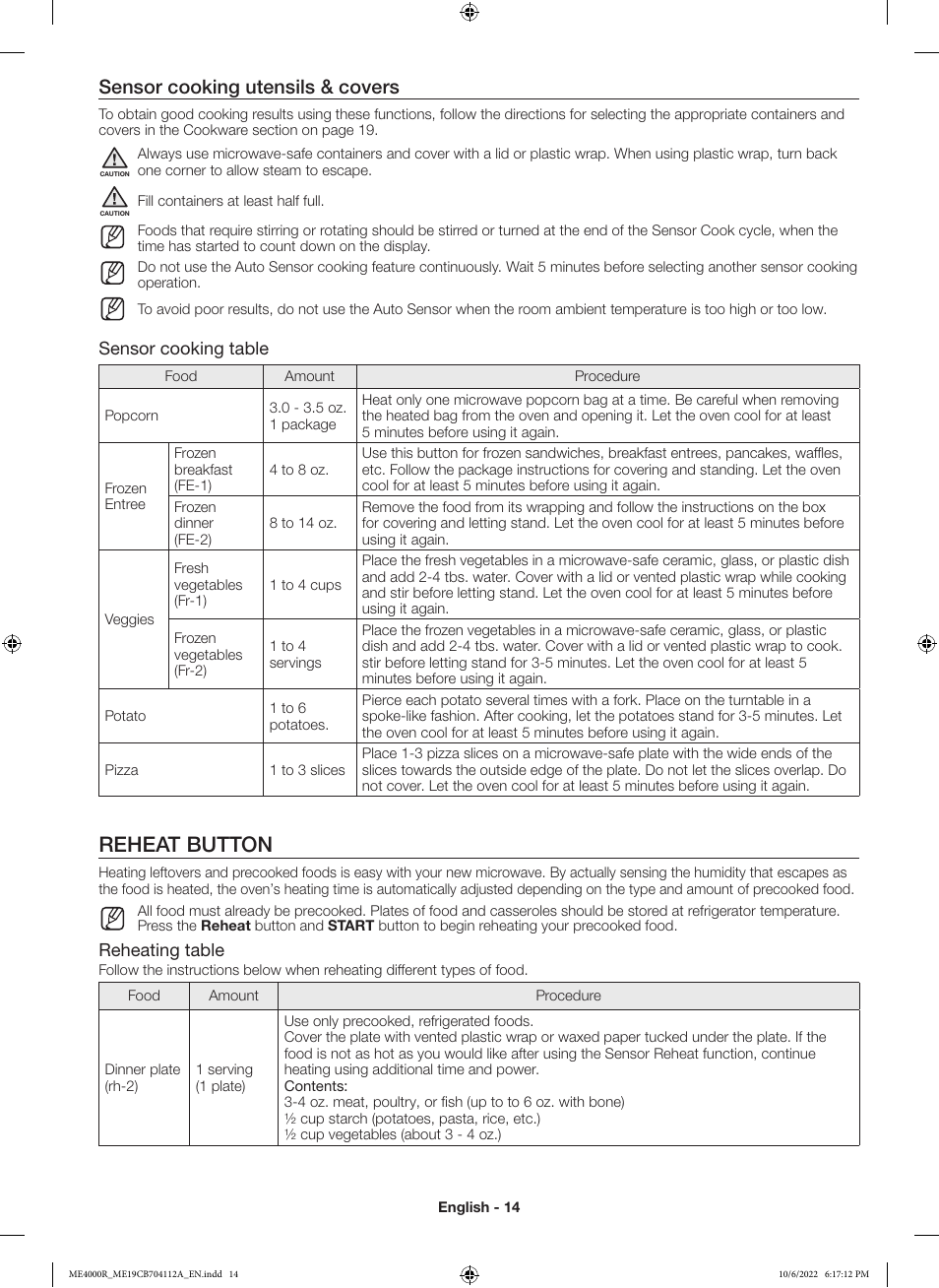 Reheat button, Sensor cooking utensils & covers, Sensor cooking table | Reheating table | Samsung BESPOKE 1.9 cu. ft. Over-the-Range Smart Microwave Oven Owners Guide User Manual | Page 14 / 96