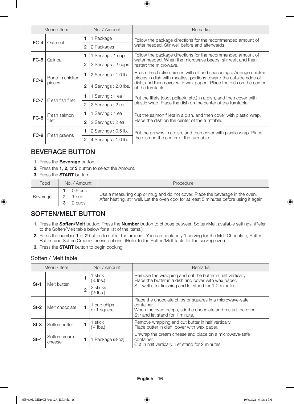 Beverage button, Soften/melt button, Soften / melt table | Samsung BESPOKE 1.9 cu. ft. Over-the-Range Smart Microwave Oven Owners Guide User Manual | Page 16 / 96