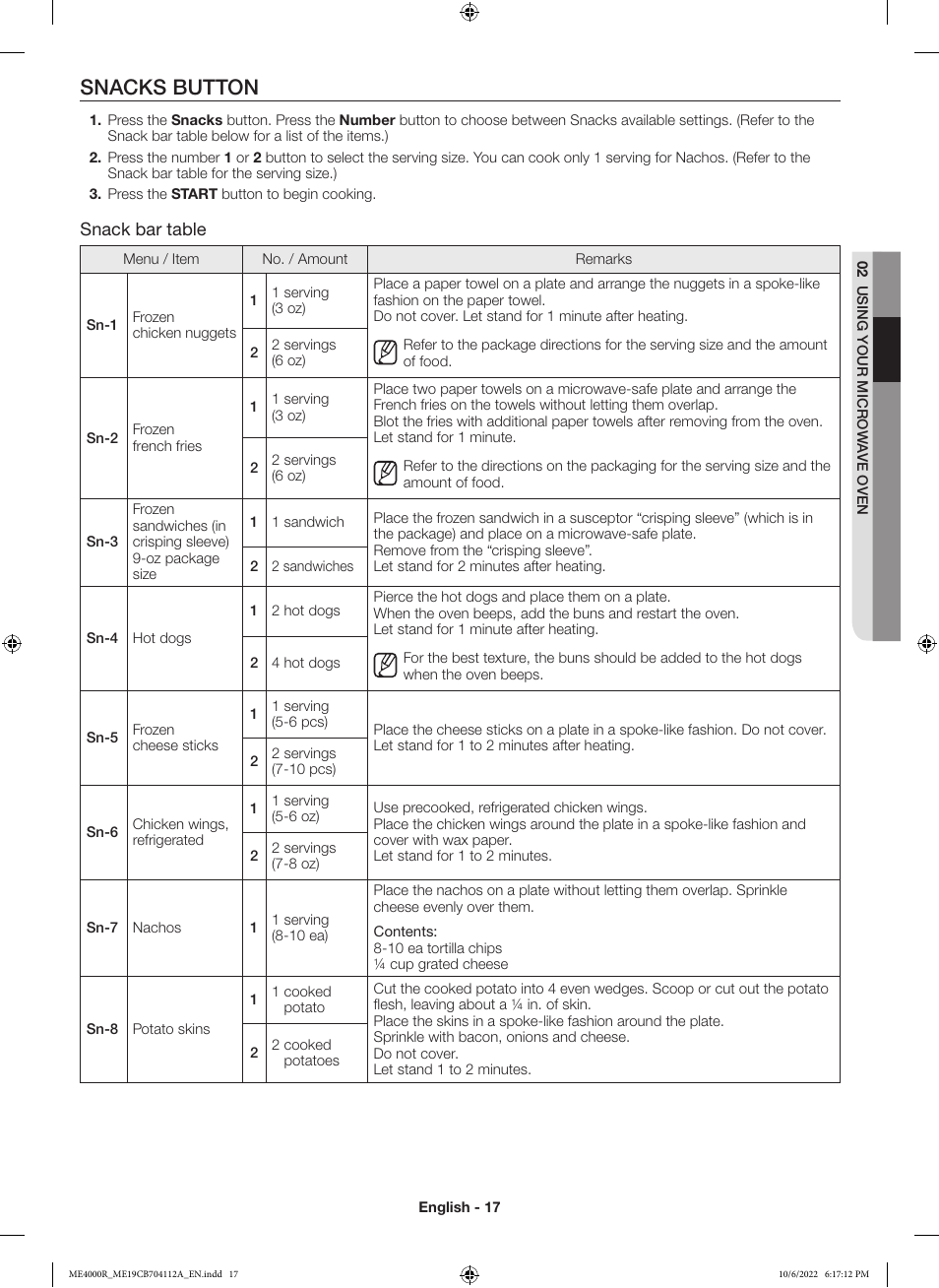 Snacks button, Snack bar table | Samsung BESPOKE 1.9 cu. ft. Over-the-Range Smart Microwave Oven Owners Guide User Manual | Page 17 / 96