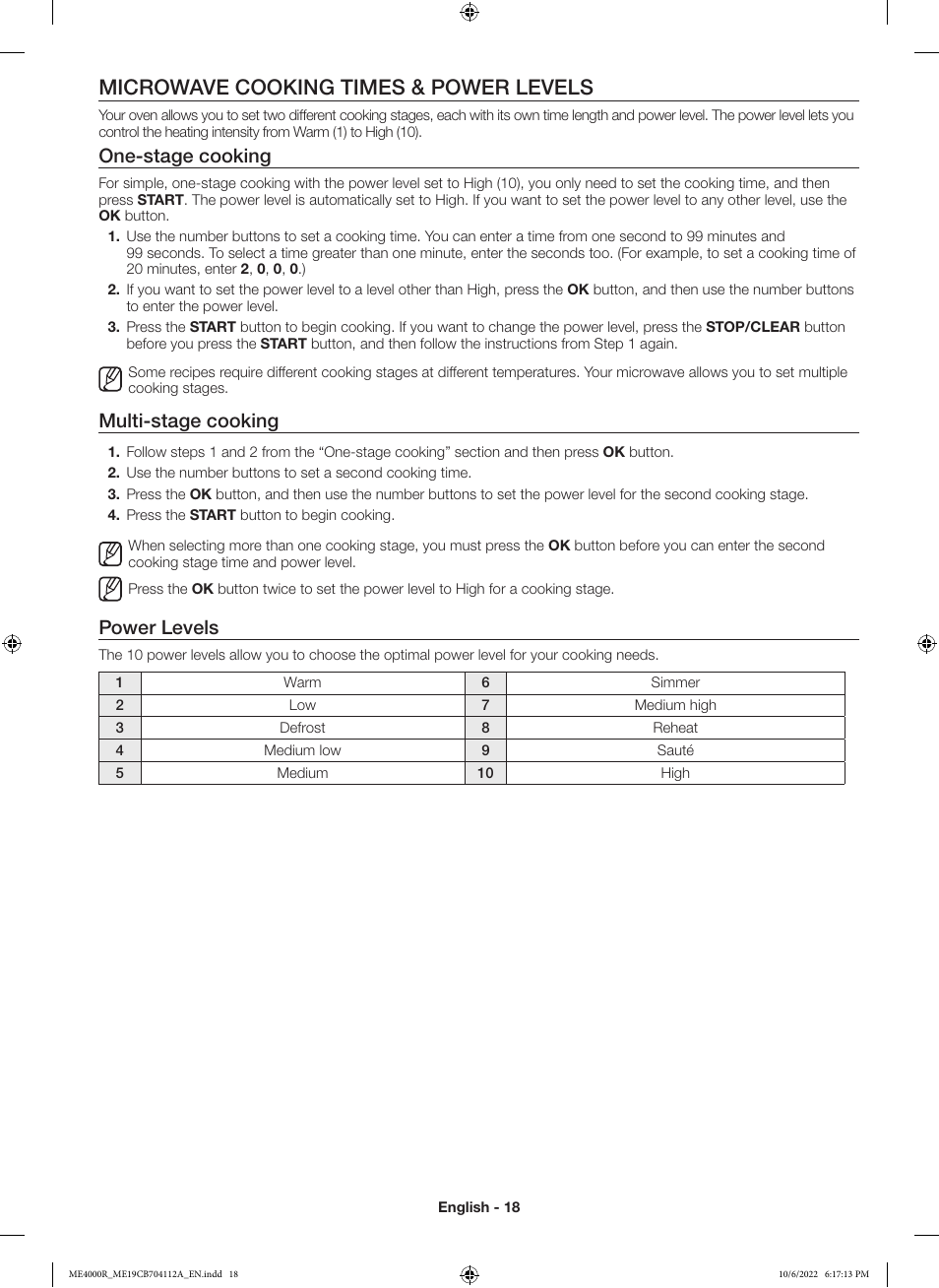 Microwave cooking times & power levels, One-stage cooking, Multi-stage cooking | Power levels | Samsung BESPOKE 1.9 cu. ft. Over-the-Range Smart Microwave Oven Owners Guide User Manual | Page 18 / 96