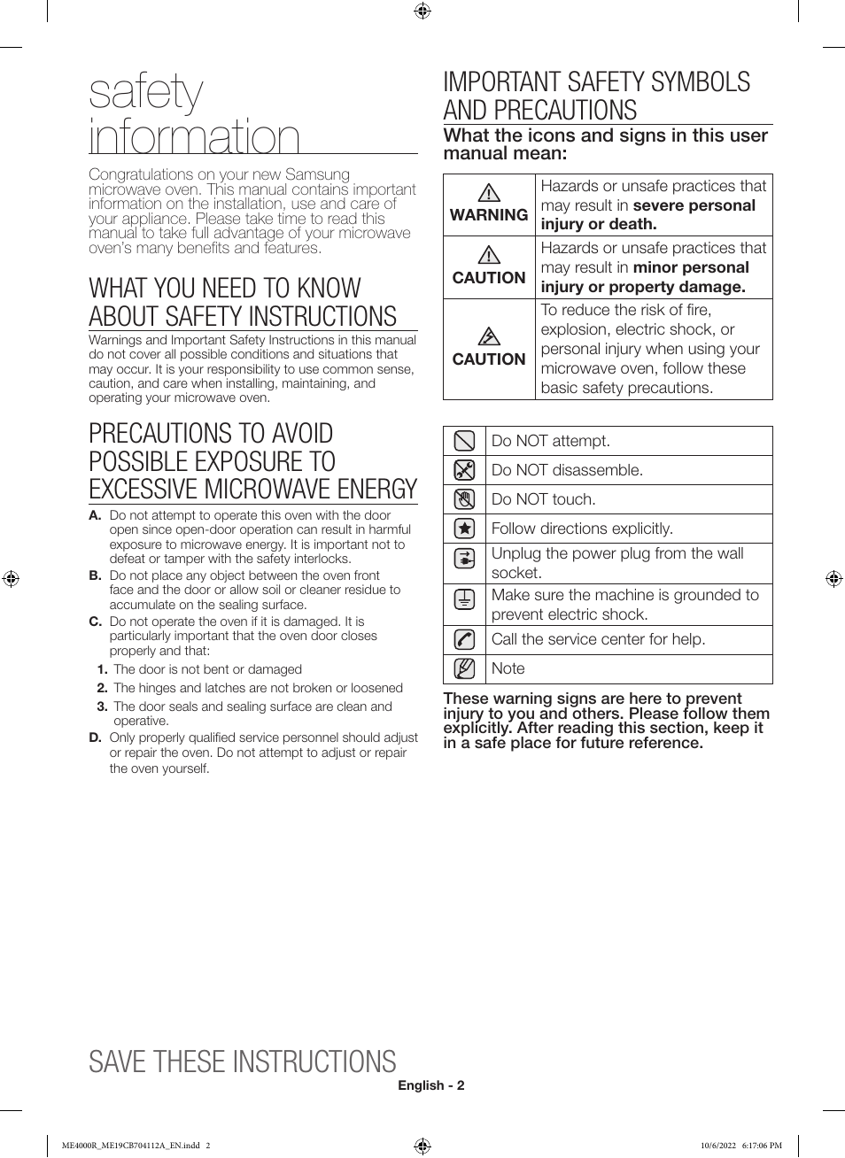 Safety information, Save these instructions, Important safety symbols and precautions | What you need to know about safety instructions | Samsung BESPOKE 1.9 cu. ft. Over-the-Range Smart Microwave Oven Owners Guide User Manual | Page 2 / 96