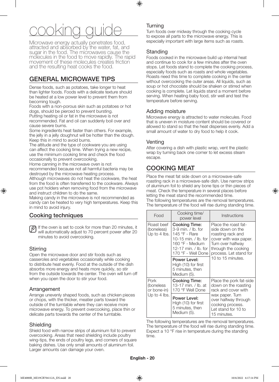 Cooking guide, General microwave tips, Cooking meat | Cooking techniques | Samsung BESPOKE 1.9 cu. ft. Over-the-Range Smart Microwave Oven Owners Guide User Manual | Page 20 / 96