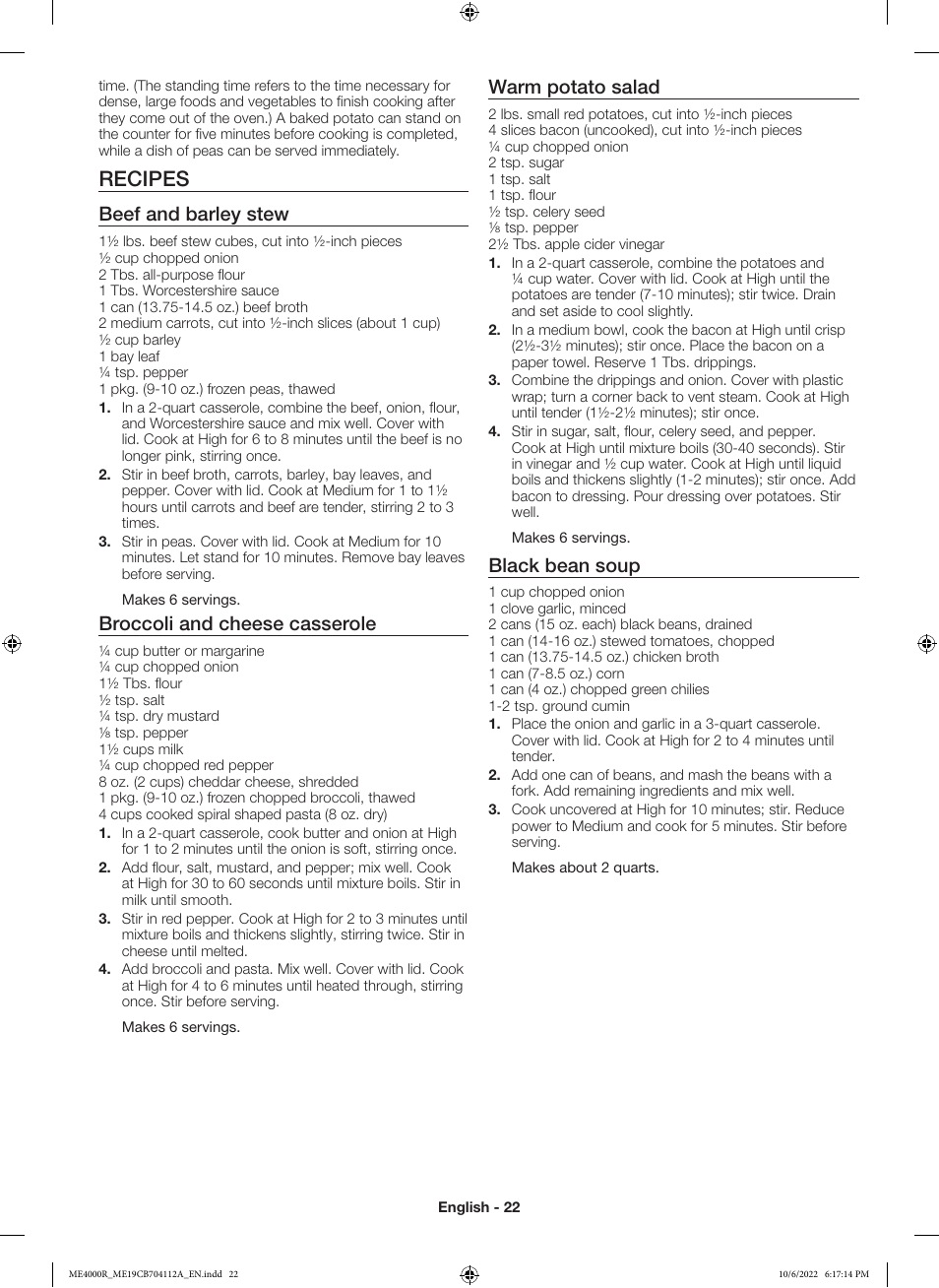 Recipes, Warm potato salad, Black bean soup | Beef and barley stew, Broccoli and cheese casserole | Samsung BESPOKE 1.9 cu. ft. Over-the-Range Smart Microwave Oven Owners Guide User Manual | Page 22 / 96