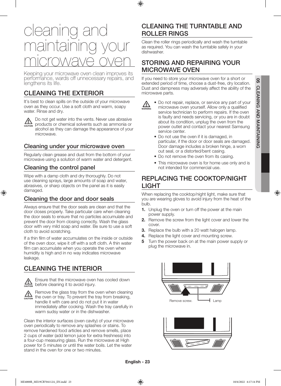 Cleaning and maintaining your microwave oven, Cleaning the exterior, Cleaning the interior | Cleaning the turntable and roller rings, Storing and repairing your microwave oven, Replacing the cooktop/night light, Cleaning under your microwave oven, Cleaning the control panel, Cleaning the door and door seals | Samsung BESPOKE 1.9 cu. ft. Over-the-Range Smart Microwave Oven Owners Guide User Manual | Page 23 / 96